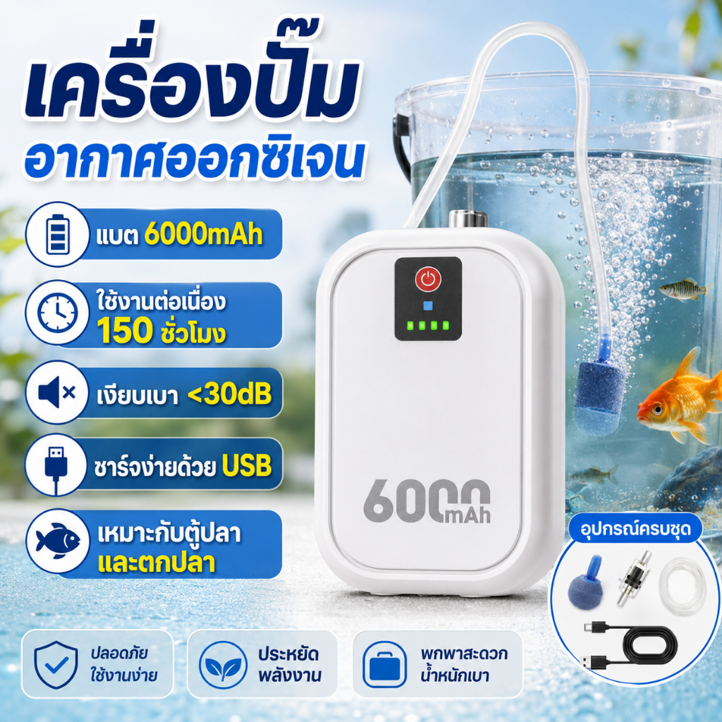 6000mah ออกซิเจนตู้ปลาา หัวชาร์จ USB ปั้มอ็อกซิเจน ปั้มลม สำหรับตู้ปลา ปั๊มออกซิเจน ปั้มลมเพิ่มอ๊อคซิเจนในตู้ปลา ปลา