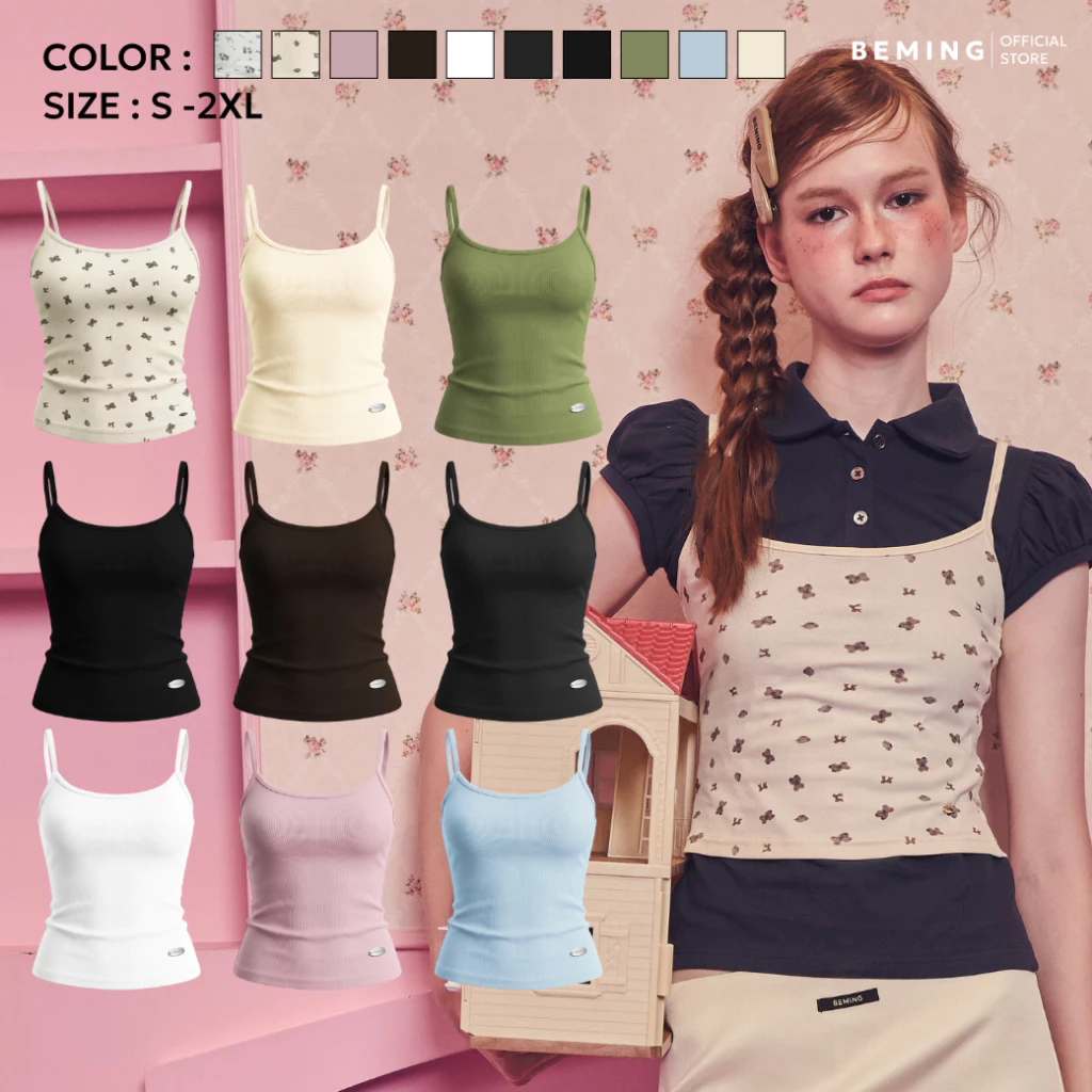 Bemingtop1167(S-3XL) - Lumi Cami - สายเดี่ยวลายการ์ตูนน่ารักๆ ดีเทลโลโก้ BEMING