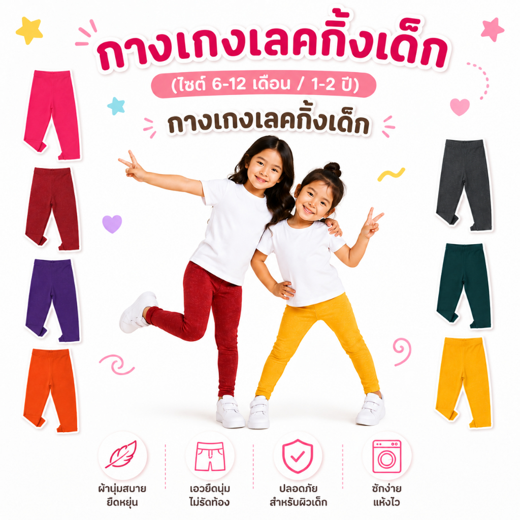 Leeya LG 3 (ไซด์ 6-12 เดือน / 1-2 ปี) กางเกงเลคกิ้งเด็ก เนื้อผ้านุ่มยืดยุ่นดีมาก Baby & Kids Leggings