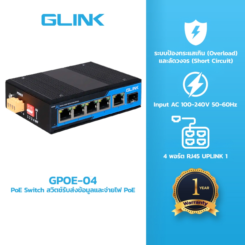 Glink GPOE-04 Switch Gigabit POE 4 Port+1 UPLINK 1Port + SFP 1Port รับประกัน 2ปี