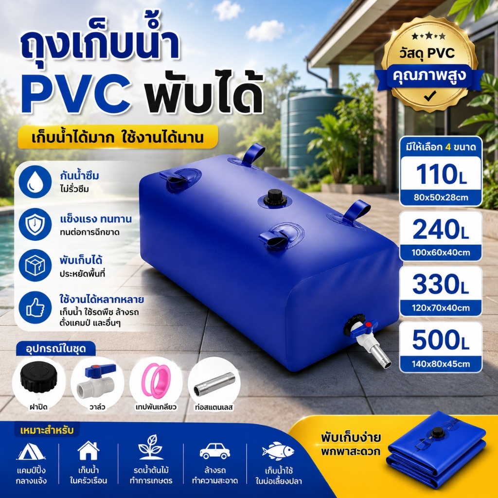 ถุงเก็บน้ำ  สามารถลากไปยังสถานที่ห่างไกลในรถกระบะและรถพ่วงขนาดเล็ก 110L 240L 330L 500L ถุงเก็บน้ำพับได้ ขนาดใหญ่ PVC หนา