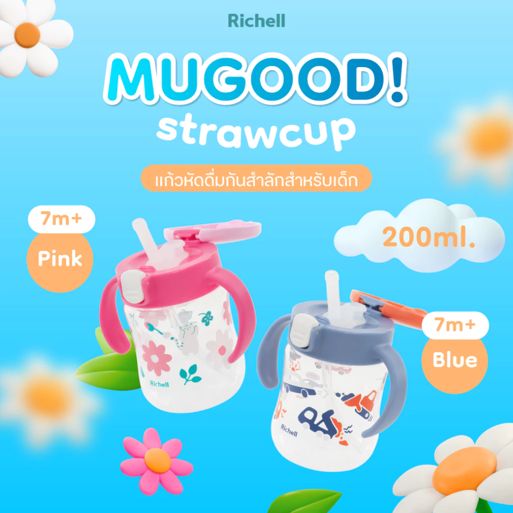 Richell(ริเชลล์) MUGOOD! strawcup ลายใหม่ แก้วหัดดื่มกันสำลัก คว่ำไม่หก ตกไม่แตก ขนาด 200ml