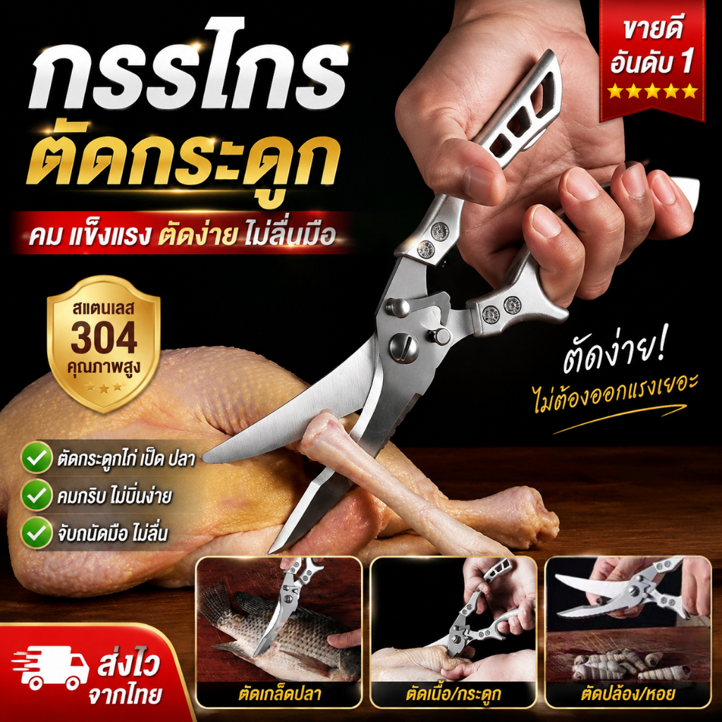 กรรไกรครัวอเนกประสงค์ กรรไกรตัดกระดูก ตัดปลา ตัดเนื้อ ตัดผัก กรรไกรสแตนเลสสำหรับอาหาร