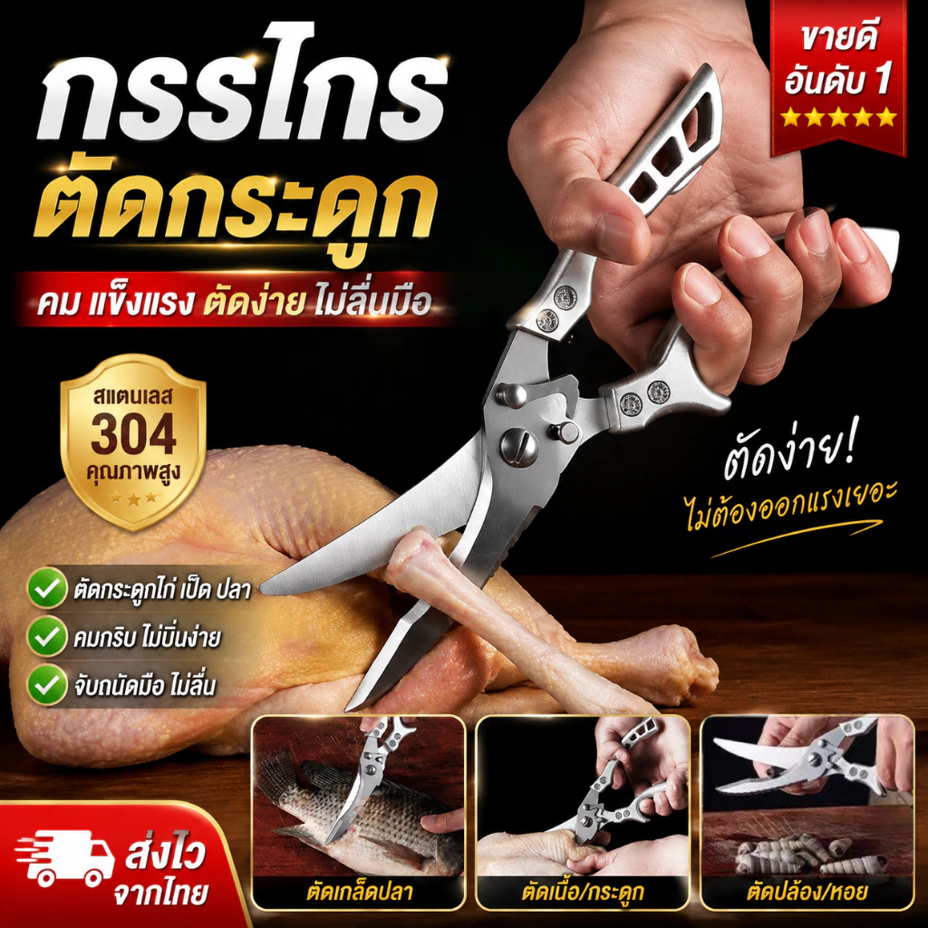 กรรไกรครัวอเนกประสงค์ กรรไกรตัดกระดูก ตัดปลา ตัดเนื้อ ตัดผัก กรรไกรสแตนเลสสำหรับอาหาร