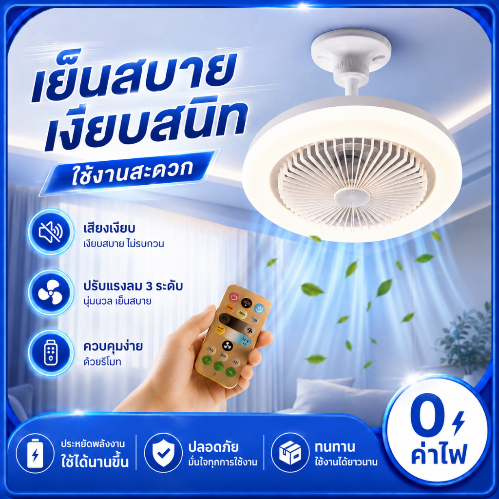 【รับประกัน30ปี】พัดลม E27 โคมไฟเพดาน LED พัดลมโคมไฟ ลมแรงสุดแรง พัดลมติดเพดาน ไฟ LED 3 สี