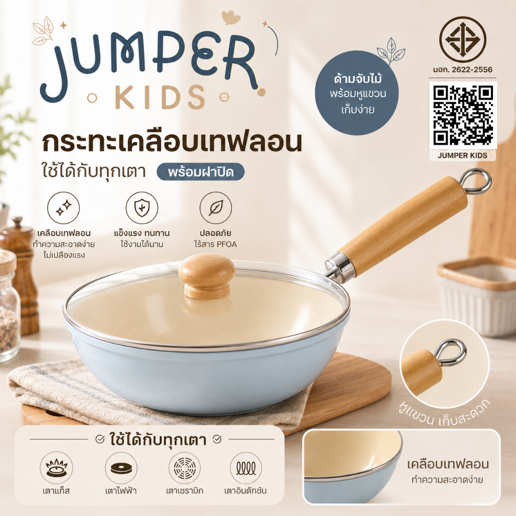 Jumper กระทะเคลือบ พร้อมฝา มีมอก. กระทะ เคลือบเทฟลอน nonstick ทอดแทนกระทะ ได้ ใช้ได้ทุกเตา สีฟ้า สวย