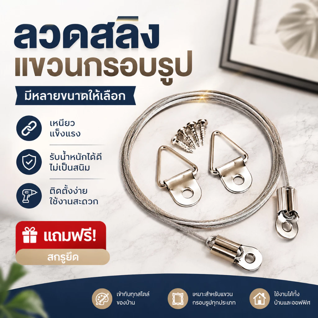 ลวดสลิงแขวนรูป/กรอบรูป แข็งแรง ไม่ขาดง่าย รับน้ำหนักดี ใช้งานง่าย พร้อมส่ง