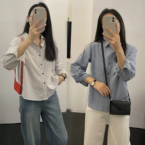 mimi&didi#เสื้อเชิ้ตคอตั้งแขนยาว ลายทางคลาสสิกสไตล์เรโทรลำลองสำหรับผู้หญิง ทรงหลวมใส่สบาย สวมใส่ได้หลากหลายโอกาส#W716