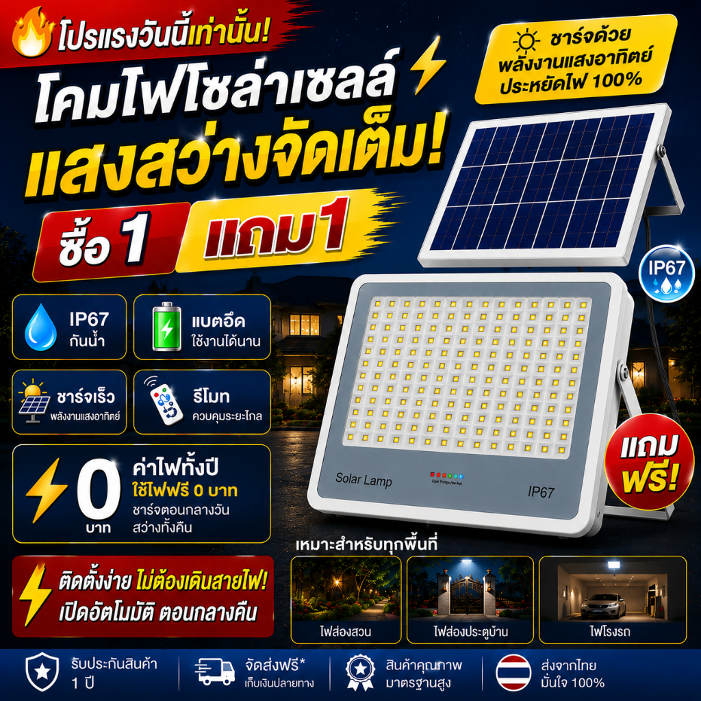 ซื้อ 1 แถม 1 ไฟโซล่าเซลล์ 22000W กันน้ำกันฟ้าผ่า IP67 โซลาร์เซลล์ Solar Light เซ็นเซอร์ พร้อมรีโ LED