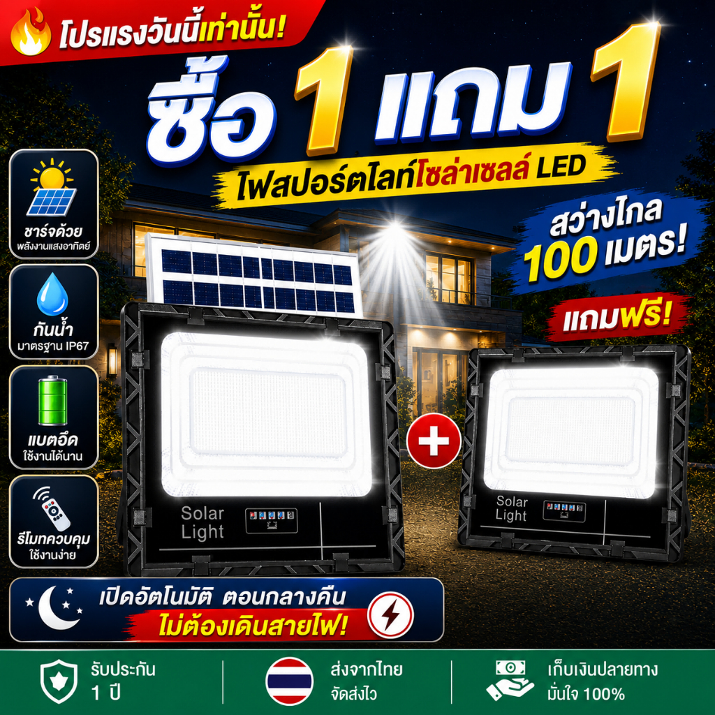 ซื้อ 1 แถม 1 ไฟโซล่าเซลล์ 20000W ค่าไฟฟรี ชาร์จไฟตอนกลางวัน สว่างเมื่อฟ้ามืด กันน้ำและกันฟ้าผ่า LED
