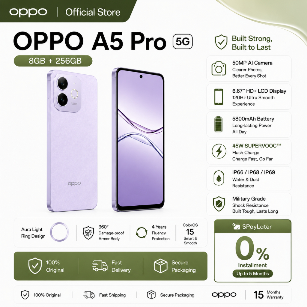 OPPO A5 Pro 5G RAM 8GB ROM 256GB หน้าจอใหญ่ 6.67″ 120Hz แบต 5800mAh กล้อง 50MP กันน้ำ IP68/IP69 มือหนึ่ง