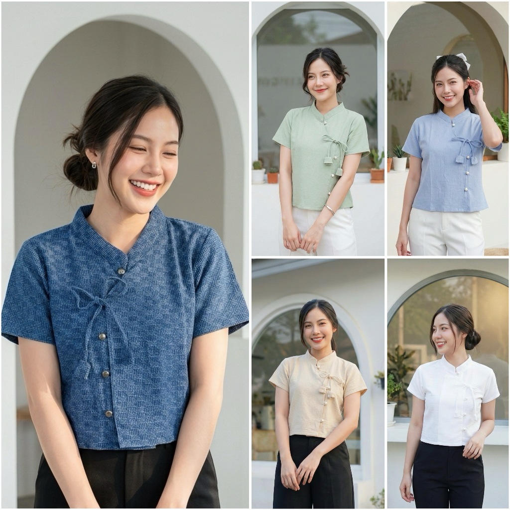 เสื้อผ้าฝ้ายผู้หญิง ผูกโบว์ดอกทิวลิป แต่งกระดุมมุก ทรงป้ายผูกโบว์ เสื้อผ้าฝ้าย