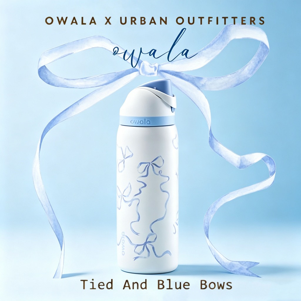 [ของแท้ 100%] Owala x UO Exclusive FreeSip 24oz / 32oz – สแตนเลส 304 ไม่มี BPA กันรั่ว –Tied And Blue Bows