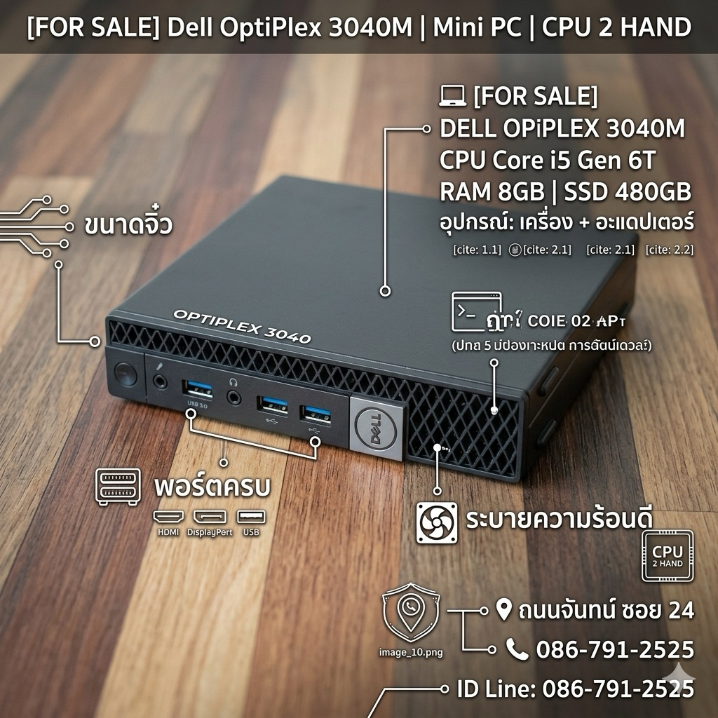Dell OptiPlex 3040 Micro Mini PC (i5-6500T | RAM 8GB | SSD 480GB) คอมพิวเตอร์ขนาดเล็ก มินิพีซีมือสอง