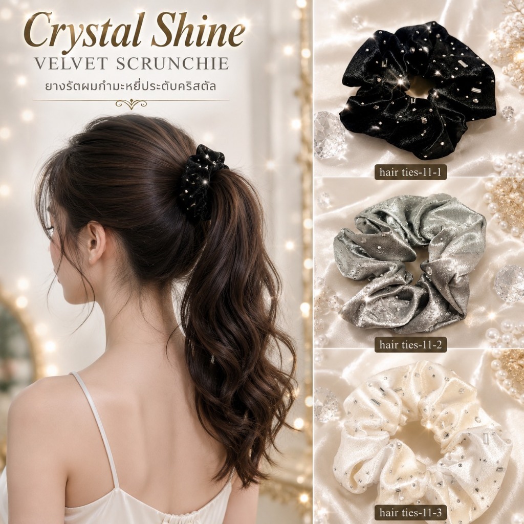 Crystal Velvet Luxe Scrunchie ยางรัดผมกำมะหยี่ประดับคริสตัลสุดหรู เปล่งประกายทุกมุมมอง สำหรับลุคสาวหวานดูแพง