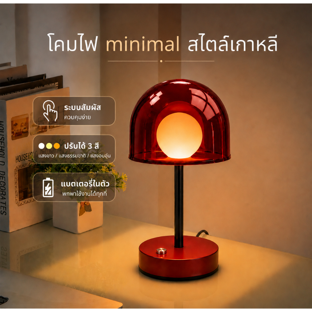 โคมไฟแต่งห้อง มินิมอลเกาหลี Cozy Light Minimal โคมไฟหัวเตียงไร้สาย LED ปรับแสง 3 สี ระบบสัมผัส โคมไฟตั้งโต๊ะ LED Modern