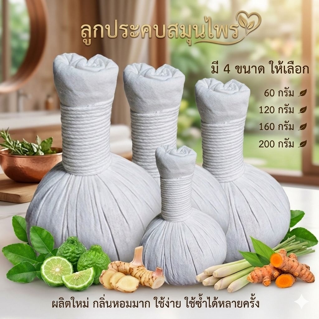 ลูกประคบ พร้อมส่ง มีหลายขนาดให้เลือก กลิ่นหอมมาก ใช้ซ้ำได้หลายครั้ง (ใช้ได้ทั้งนึ่งและเข้าไมโครเวฟ) ลูกประคบสมุนไพร