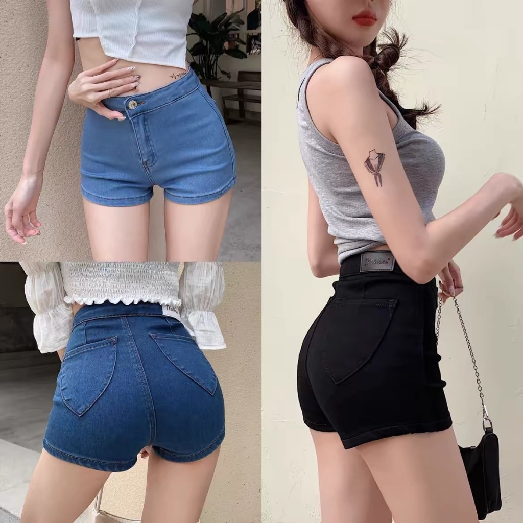 กางเกงยีนส์ขาสั้นยืดหยุ่น เอวสูง High-Waisted Denim Shorts ทรงสวยปัง ปรับรูปร่างได้ดี สีฟ้า-ดำ-ฟ้าอ่อน 1201