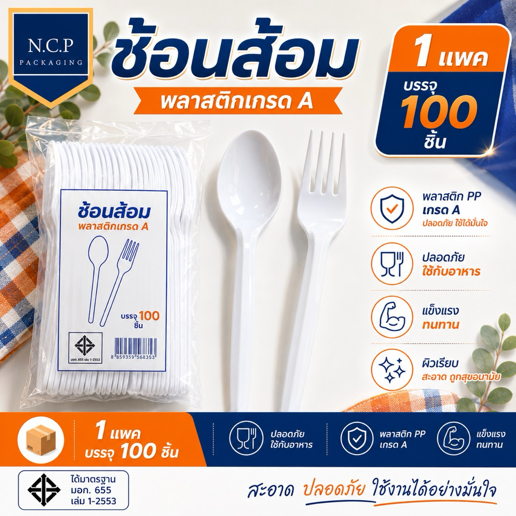 ช้อนส้อมพลาสติกใหญ่ PP สีขาว แบบหนา ไม่บาดปาก ไม่แตกง่าย 1 แพ็ค 100ชิ้นช้อนส้อมพลาสติก ใช้แล้วทิ้งช้อนแบบหนา