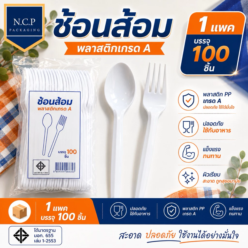 ช้อนส้อมพลาสติกใหญ่ PP สีขาว แบบหนา ไม่บาดปาก ไม่แตกง่าย 1 แพ็ค 100ชิ้นช้อนส้อมพลาสติก ใช้แล้วทิ้งช้อนแบบหนา