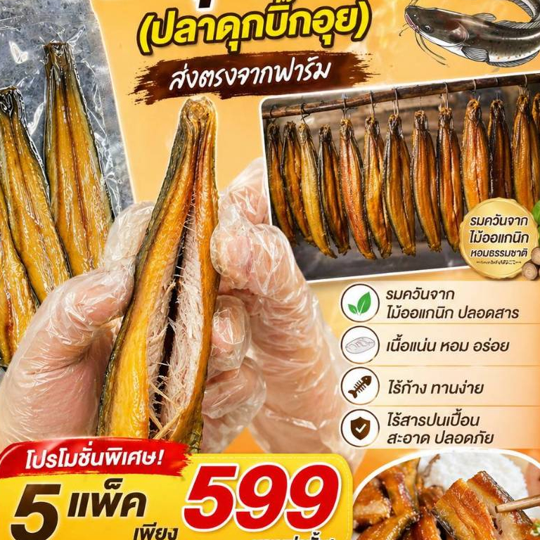 ปลาดุกรมควัน - 250 กรัม/แพ็ค - 5 แพ็ค เพียง 599 บาท