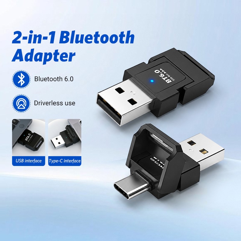 อะแดปเตอร์บลูทูธ 2-in-1 USB/Type-C เวอร์ชัน BT6.0 การรับ+ส่งสัญญาณเสียง EDR + BLE
