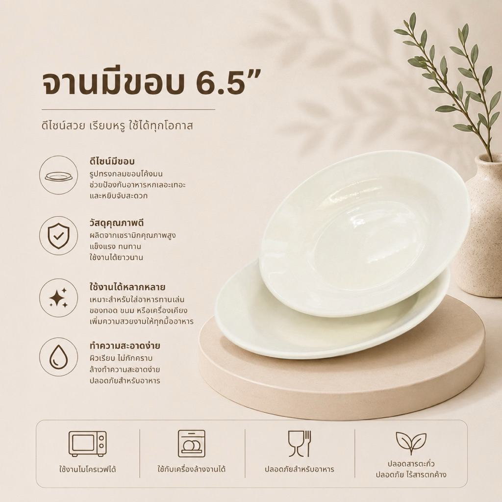จานฟรีสไตล์มีหูจับด้านข้าง สินค้าเซรามิคสีขาว ทนต่อความร้อนสามารถใช้ได้กับไมโครเวฟและเครื่องล้างจาน