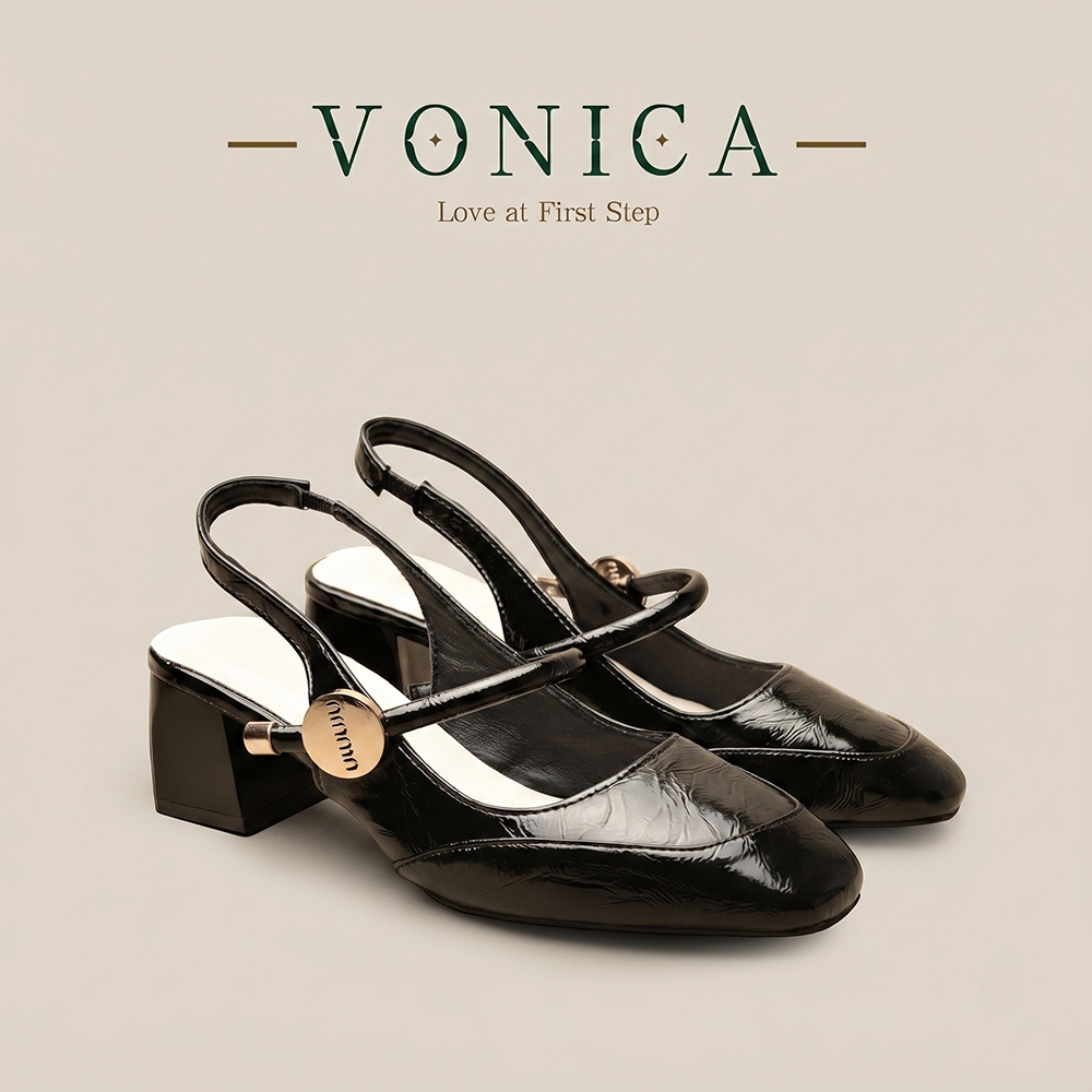 VONICA รองเท้าแมรี่เจนหัวเหลี่ยมส้นครึ่ง สีดำเงาสายรัดหลัง หนังนุ่ม ใส่ทำงานสบายทุกวัน ลุคคลาสสิก