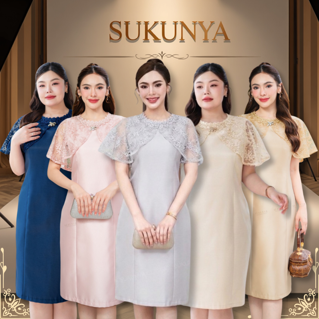 Sukunya [6415]ชุดเดรสผ้าไหมแต่งลูกไม้ ตัดเย็บพรีเมี่ยม