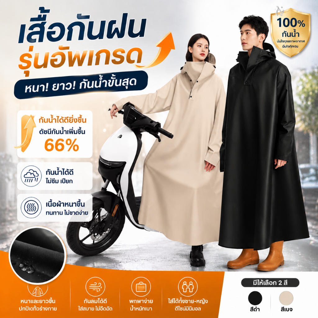 🔥 เสื้อกันฝนแฟชั่น 100% กันน้ำ กันลม น้ำหนักเบา ใส่สบาย ปรับหมวกได้