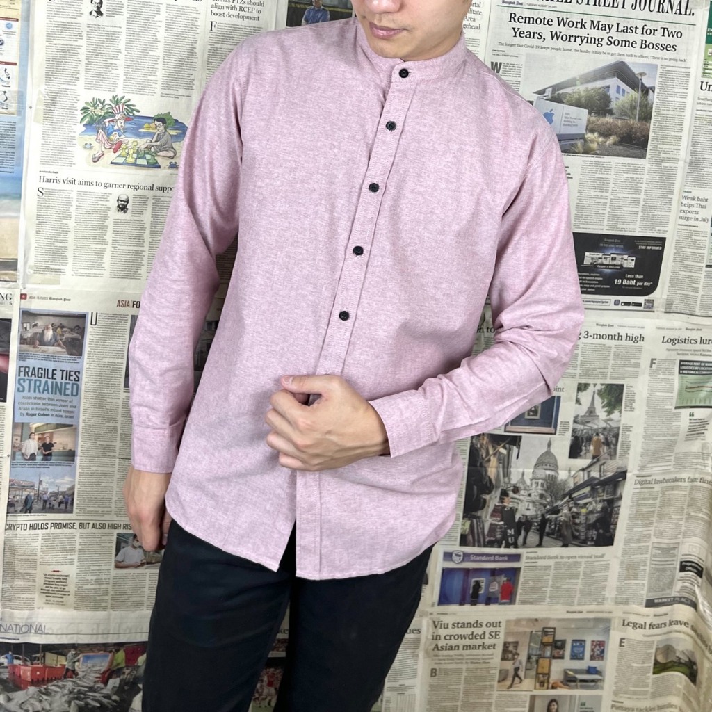 SHIRTFOLDING เสื้อเชิ้ต แขนยาวคอจีน สีแดงยีนส์ สีโอรส สีชมพู สีม่วง สีม่วงยีนส์