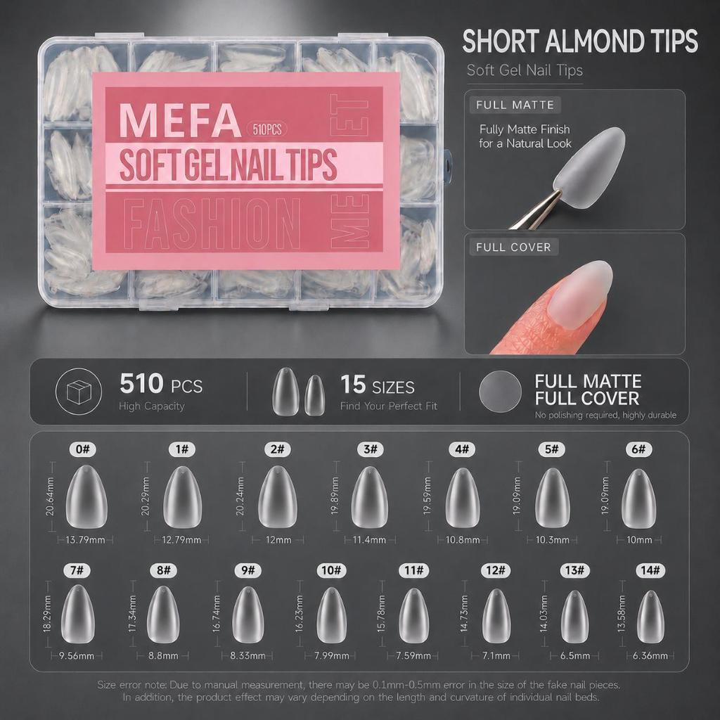 MEFA เล็บปลอมกด ขนาดกลาง 510 ชิ้น｜ทรงอัลมอนด์ ผิวด้าน เหมาะสำหรับคุณภาพพรีเมียม ปกปิดได้เต็มที่