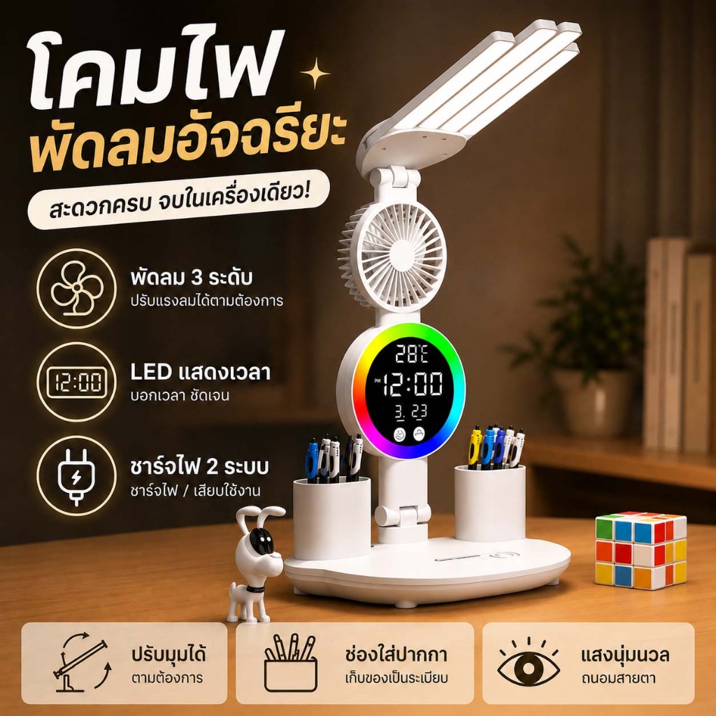 THAI โคมไฟตั้งโต๊ะ พัดลมตั้งโต๊ะ มีที่ใส่ปากกา ระบบสัมผัส ถนอมสายตา ปรับได้ 3 ระดับ สำหรับอ่านหนังสือ พร้อมส่ง
