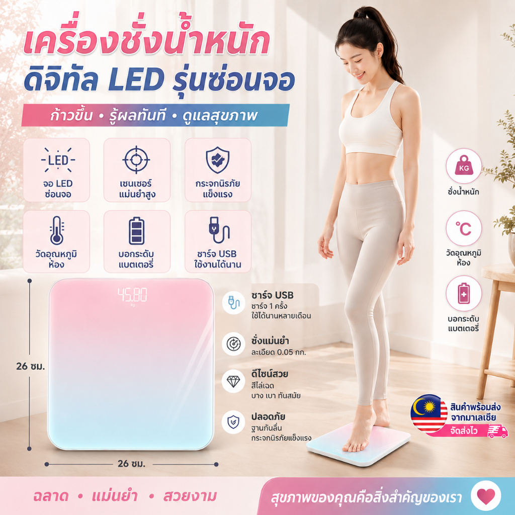 [ส่งจากไทย] ⚖️เครื่องชั่งน้ำหนักดิจิตอล อัจฉริยะ แม่นยำ 50g จอ LED เครื่องชั่งสุขภาพ เชื่อมแอพ📱