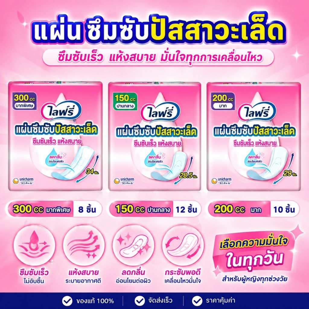 ไลฟ์รี่ โฉมใหม่.." แผ่นซึมซับปัสสาวะเล็ด ซึมซับเร็ว แห้งสบาย 150-300 .cc