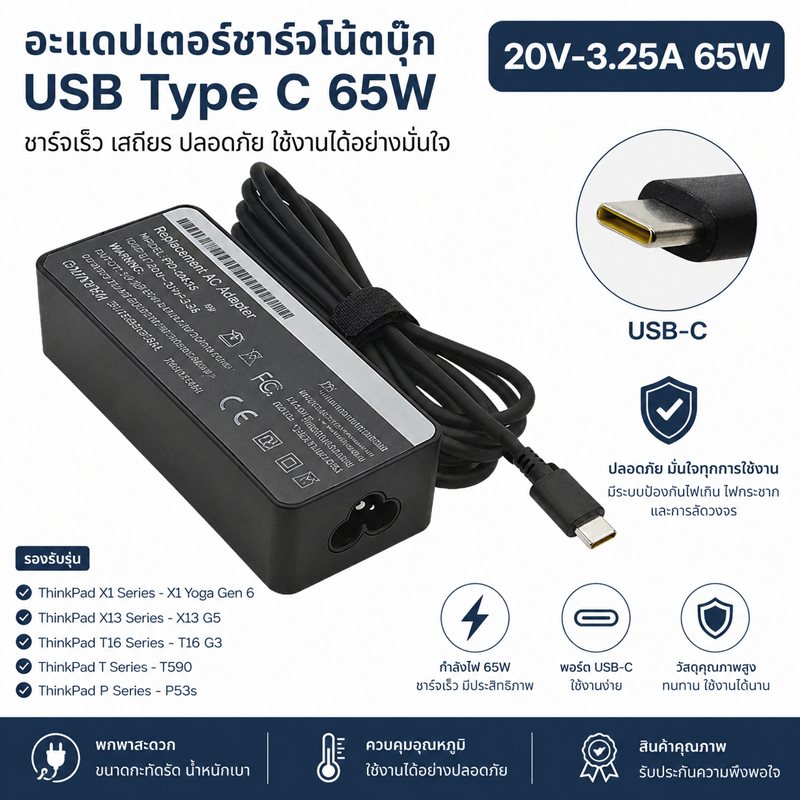 65W Type-C Fast Charging Laptop Adapter Long 3M Cord Power Supply Fit Lenovo ThinkPad T Series Yoga Chromebook Multi Mod