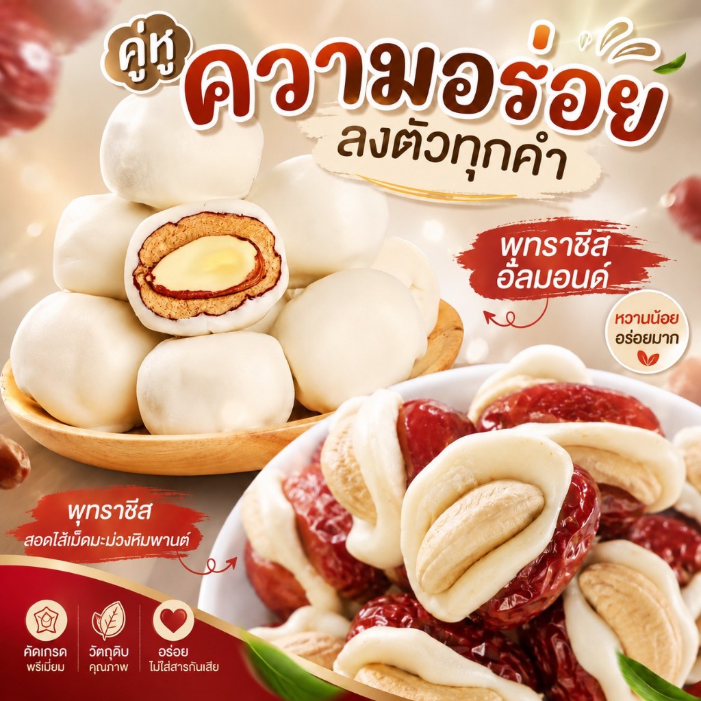 เช็ทคู่จิ้น พุทราชีสอัลมอนด์+มะม่วงหิมพานต์ ขนาด250g แถม 250g (บรรจุรวม500กรัม)