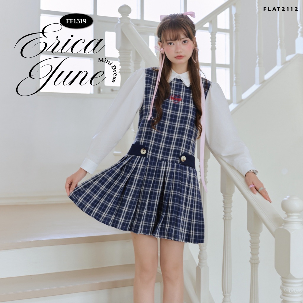FLAT2112 : ERICA JUNE MINI DRESS เดรสสั้นลายสก็อต เดรสเลเยอร์เสื้อเชิ้ตขาว เดรสสั้นลุคเกาหลีวัยรุ่น  (FF1319)