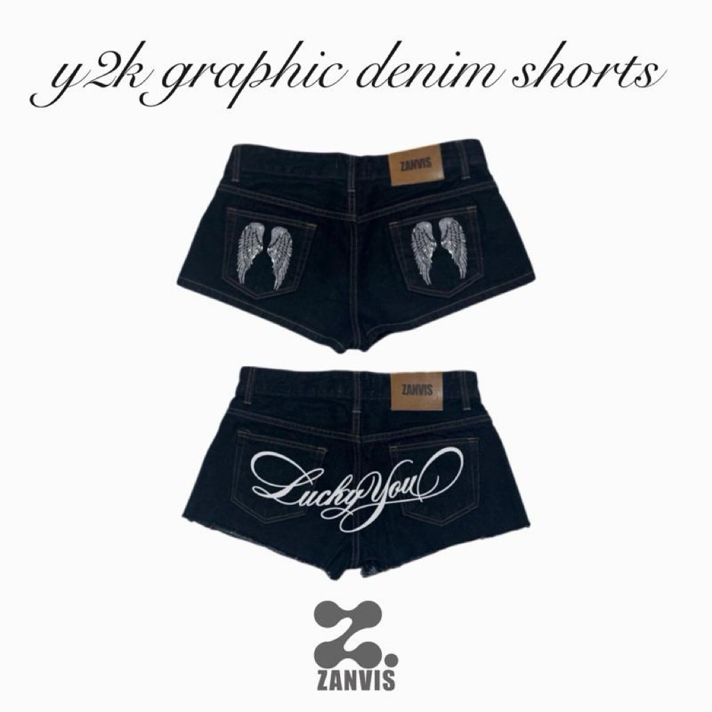 (Zanvis jeans) กางเกงยีนส์ขาสั้น เอวกลาง,เอวต่ำ พิมพ์ลาย
