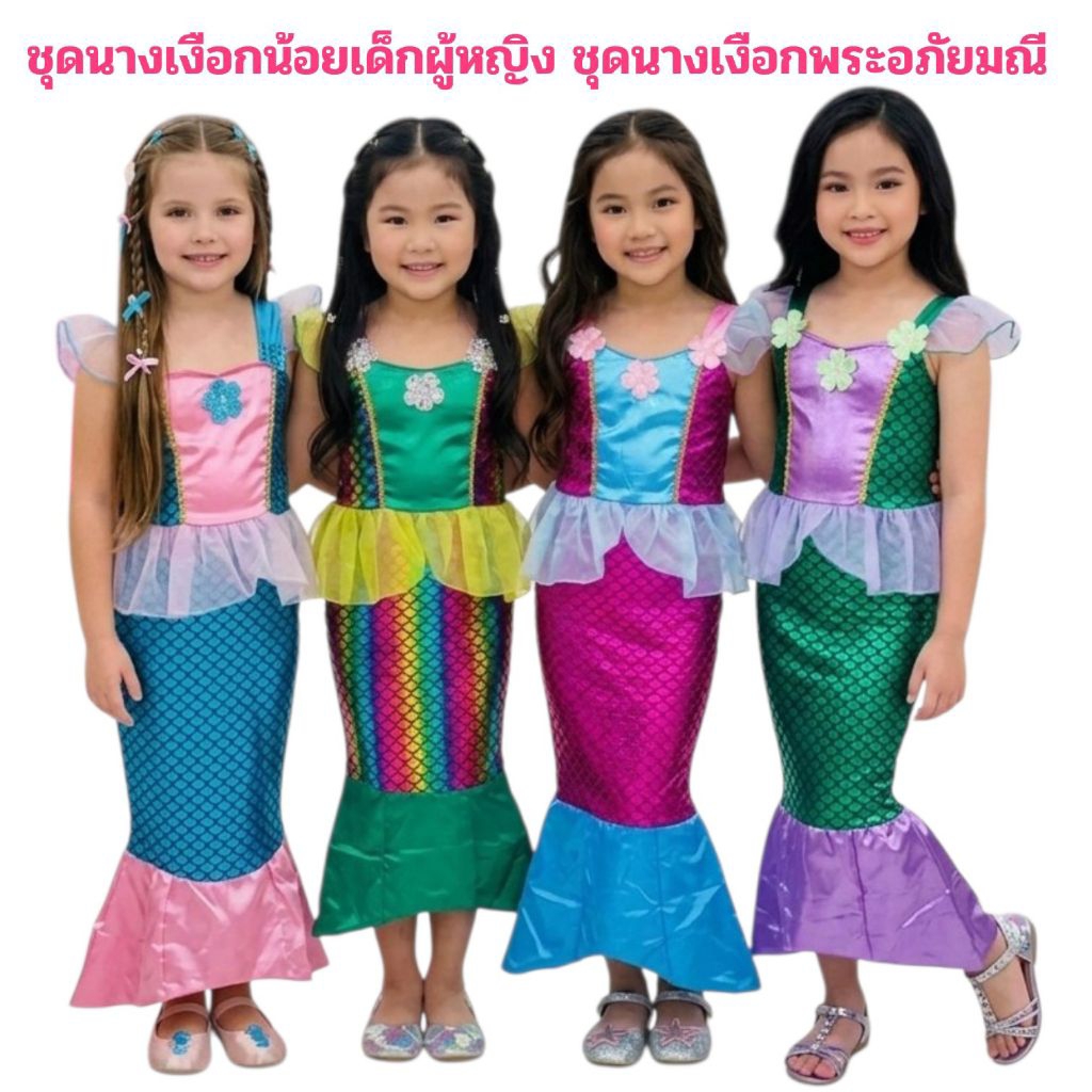 ชุดนางเงือกน้อยเด็กผู้หญิง ชุดนางเงือกพระอภัยมณี ชุดนางเงือกวันภาษาไทย วันสุนทรภู่(ได้เสื้อ+กางเกง+กระโปรงเงือก)