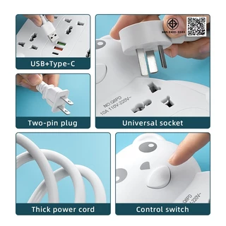 รางปลั๊กไฟน้องหมี มอก.แท้ ปลั๊กพ่วง 5ช่อง+USB/Type-C รองรับ 2300W สไตล์มินิมอล แต่งห้อง/โต๊ะคอม 3/5/8m มีมอก.2432-2555