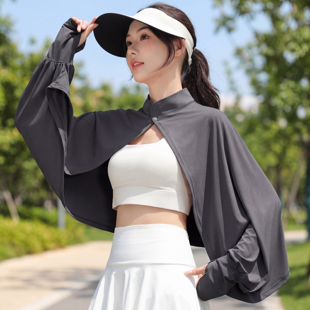 เทรนด์วันนี้ เสื้อแจ็คเก็ตทรงคลุมไหล่ UPF50+ ป้องกันรังสี UV กันยูวีขับมอไซค์ มีรูสอดนิ้ว ผ้านิ่มใส่สบาย