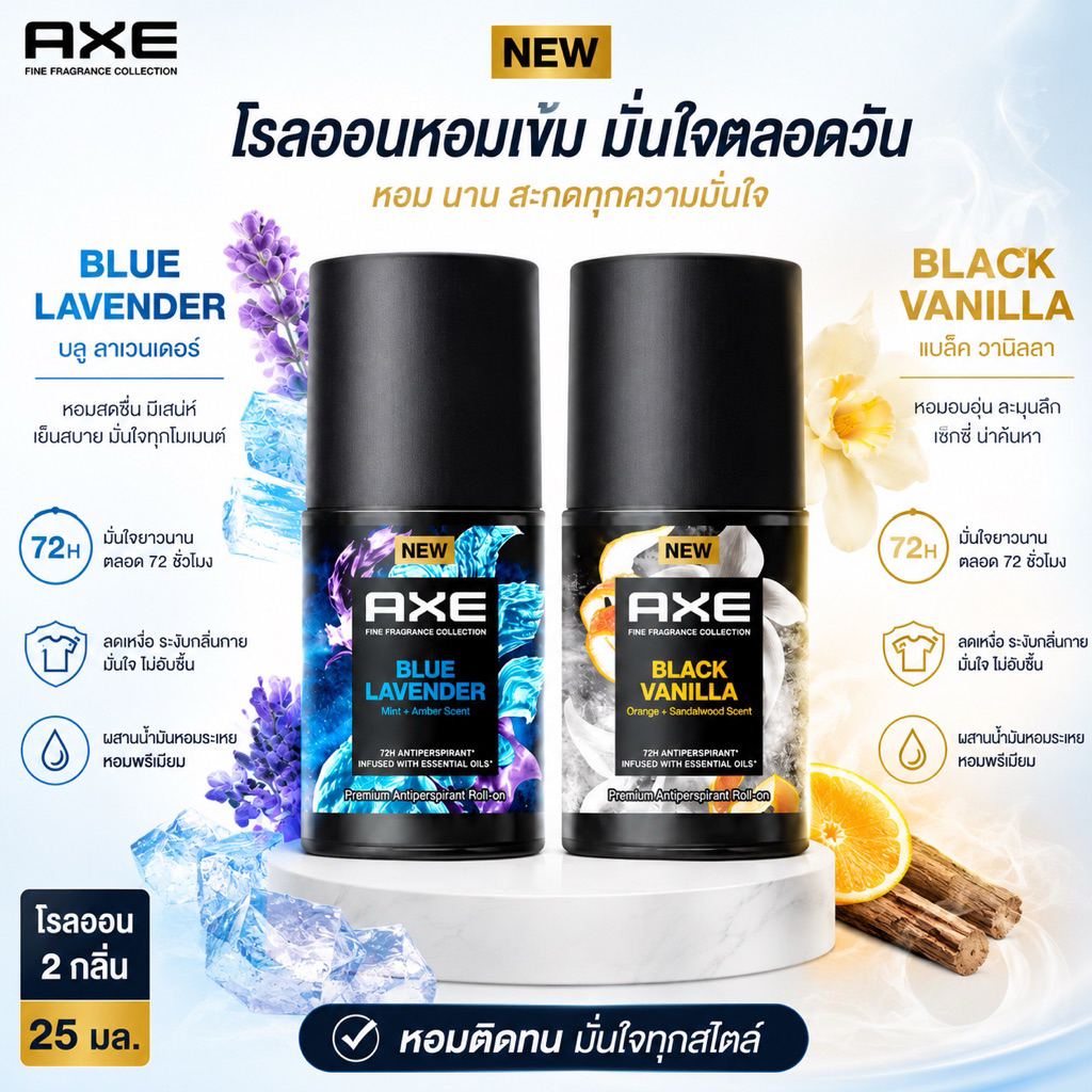 [1ขวด/แพ็คคู่]Axe แอ๊กซ์โรลออนมินิ 25ml. บลูลาเวนเดอร์/แบล็ควานิลลา