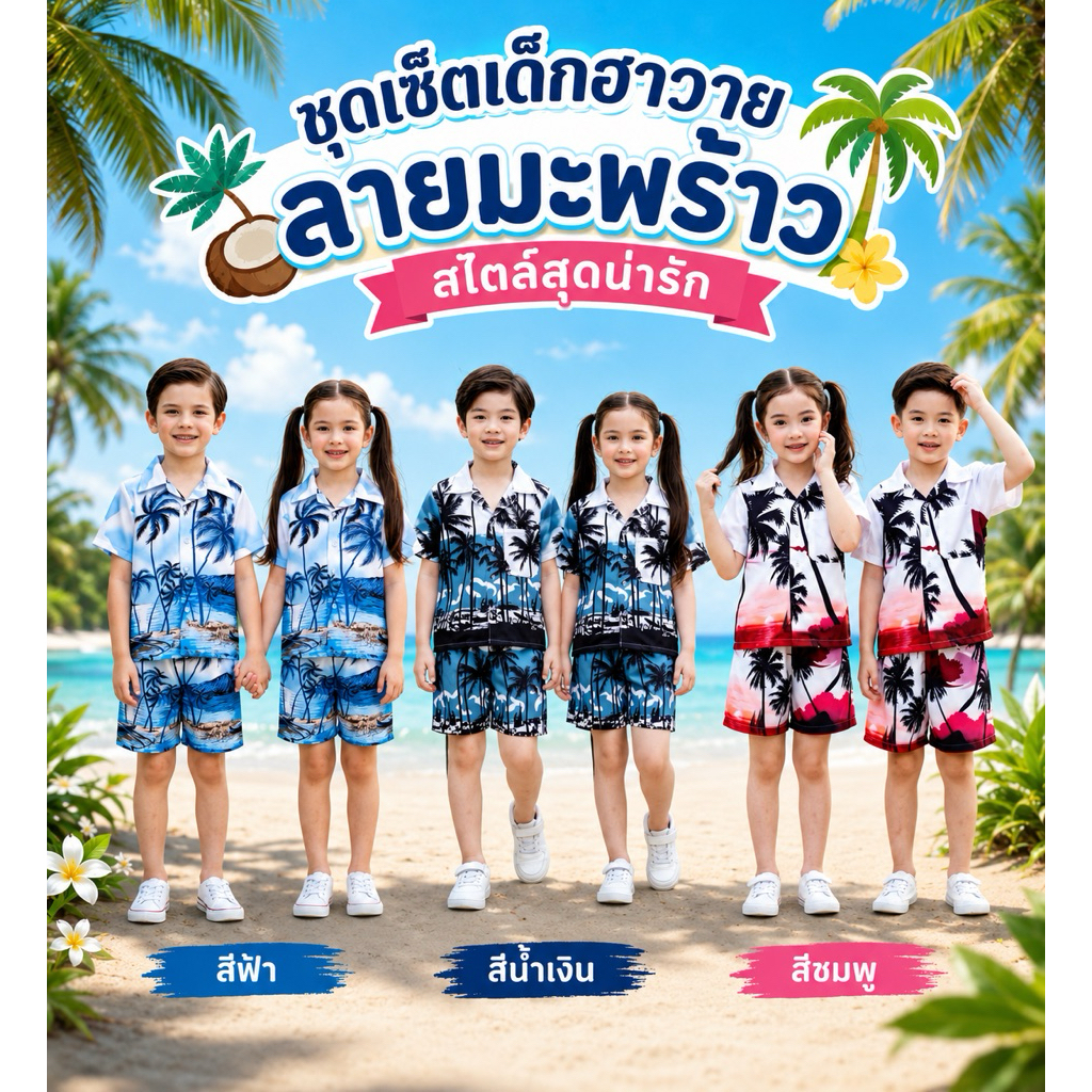 HAWAII SHIRTชุดเซ็ตฮาวายเด็ก เสื้อ+กางเกงขาสั้น ลายมะพร้าว ผ้าไหมอิตาลี ใส่สบาย สำหรับไปทะเล ขนาด S-M-L-XL