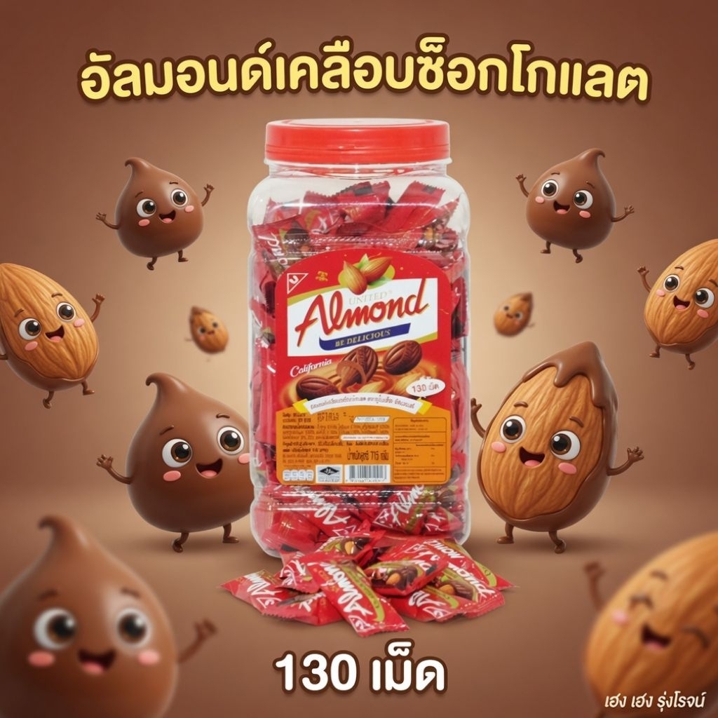 [130เม็ด] United Almond ยูไนเต็ดอัลมอนด์ ช็อกโกแลต แบบกระปุก