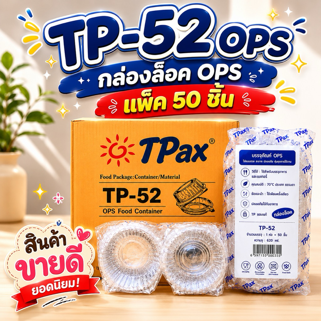 TP52 กล่องพลาสติกใส OPS ฝาล็อค กล่องสลัด กล่องใส่อาหาร / เบเกอรี่ บรรจุ 50 ชิ้น