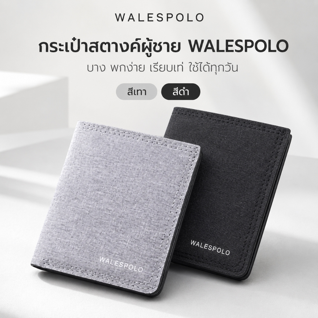 WALESPOLO กระเป๋าสตางค์ผู้ชาย รุ่นบางพกง่าย ผิวลายผ้า ใส่บัตร ธนบัตร รูปถ่าย ใช้ทุกวัน สีดำ สีเทา