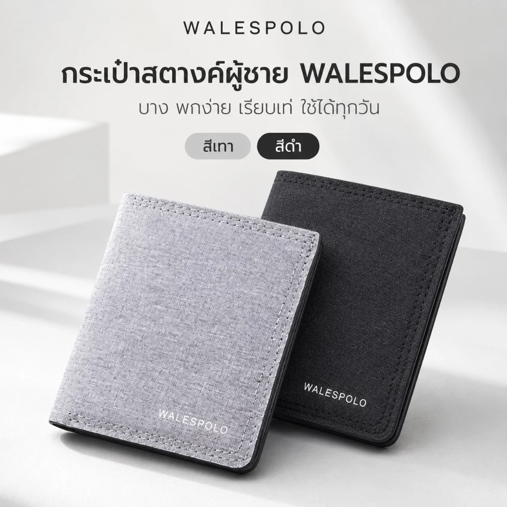 WALESPOLO กระเป๋าสตางค์ผู้ชาย รุ่นบางพกง่าย ผิวลายผ้า ใส่บัตร ธนบัตร รูปถ่าย ใช้ทุกวัน สีดำ สีเทา