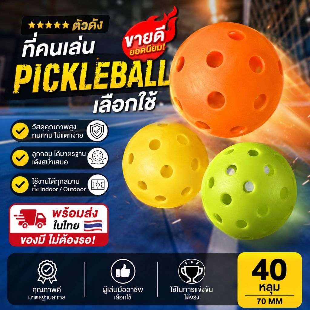 🏓 Pickleball ลูกพิกเคิลบอล 40 Hole ขนาด 74mm เด้งดี ควบคุมทิศทางง่าย เหมาะสำหรับซ้อม แข่งขัน และเล่นทั่วไป