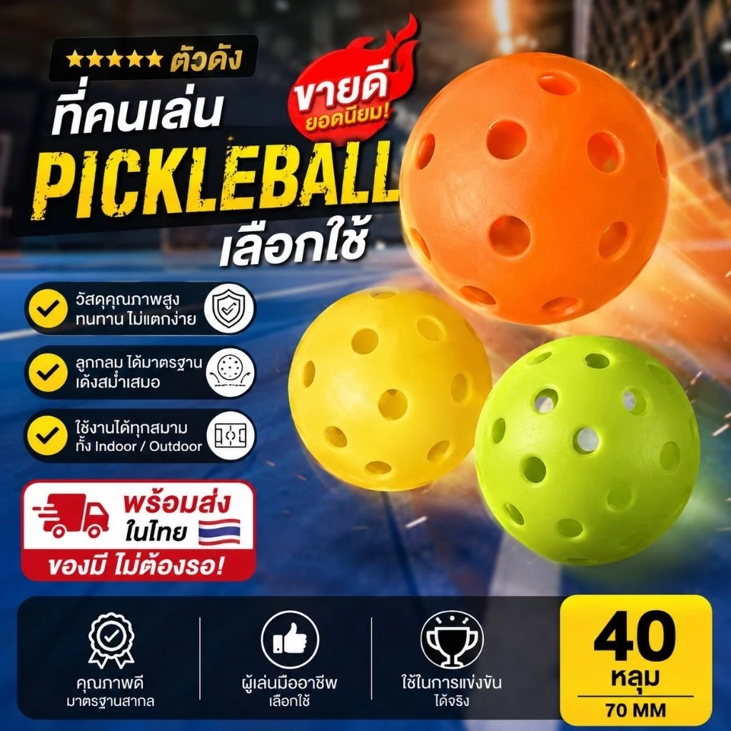 🏓 Pickleball ลูกพิกเคิลบอล 40 Hole ขนาด 74mm เด้งดี ควบคุมทิศทางง่าย เหมาะสำหรับซ้อม แข่งขัน และเล่นทั่วไป